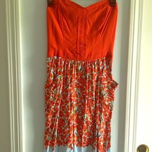 Strapless red and light blue floral sundress